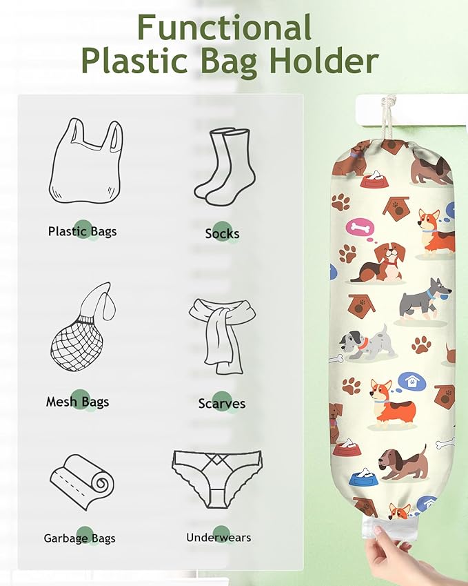 Kokaaee Plastic Bag Holder, Grocery Bag Organizer - 1 Pack Cute Kitchen Dispenser Holders Reusable Shopping Western Hanging Wall with Adjustment Drawstring Closure for Women Home, Dogs