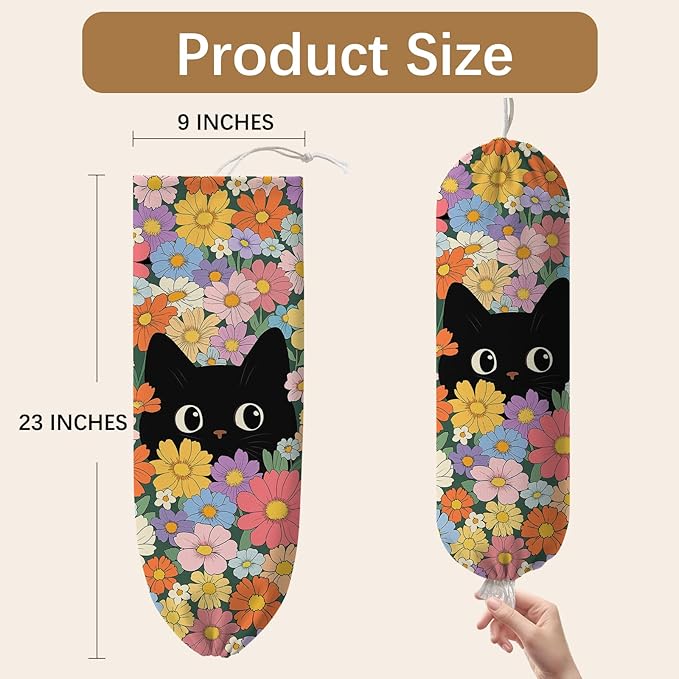 Floral Cat Plastic Bag Holder Dispenser, Plastic Grocery Bag Organizer & Wall Mount Paper Trash Bags Saver Storage for Kitchen Home Pantry Decor, Cat Kitchen Decor Shopping Bags Storage Dispenser