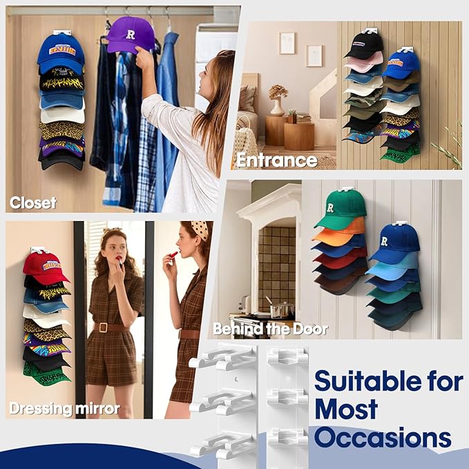 Hat Organizer for Baseball Caps Wall, 2 Pack Hat Holder for Closet Door Holds up to 16 Hats, Hat Hook with Adhesive and 8 Screws, Hat Hanger Cap Holder Hat Hangers for Wall Closet Door Bedroom (A-White)