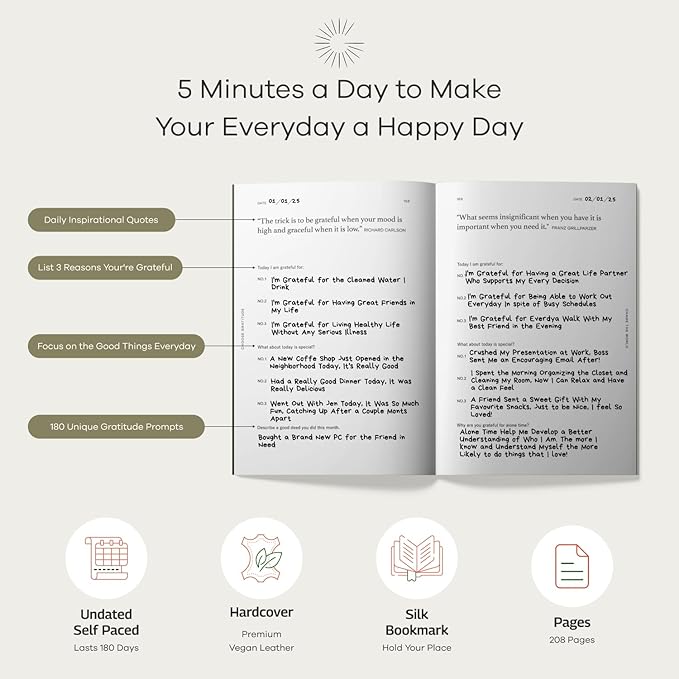 Gratitude Gifted 5-Minute Guided Gratitude Journal – Daily 180 Prompts, Self-Care & Mindfulness, Leather Hardcover, Undated to Foster Happiness, Wellness, Positivity for Men & Women