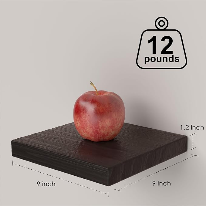 Small Floating Shelves for Wall - 9 Inch Square Rustic Brown Shelves for Bedroom, Living Room, Bathroom, Kitchen, Office Decor Set of 3