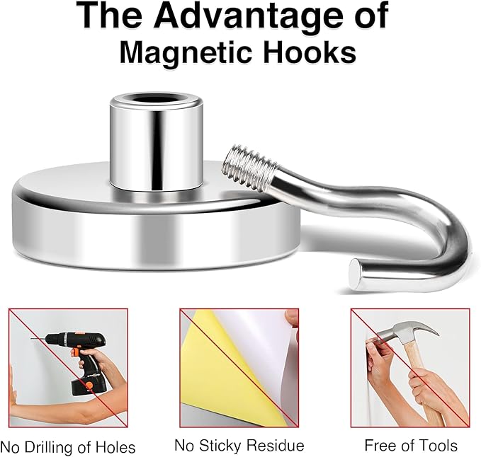MIKEDE Magnetic Hooks, 85LB+ Heavy Duty Magnetic Hooks for Cruises with Epoxy Coating for Refrigerator, Strong Magnet Hooks for Tool Rooms, Magnetic Metal Hooks for Grills - 8 Pack