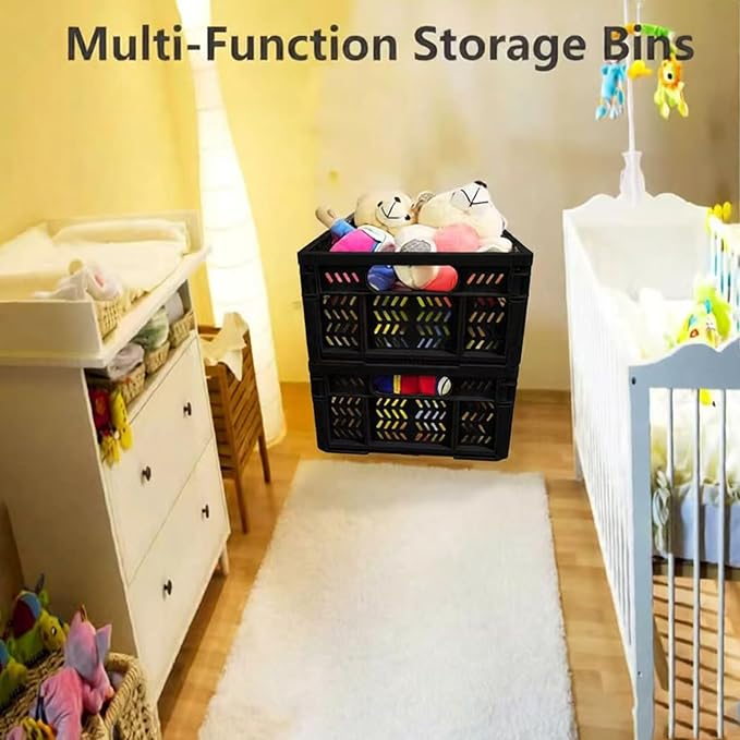 TSMAPLE 4-Pack 20L Foldable Storage Crates, Heavy Duty Plastic Milk Crates for Storage, Multi-Purpose Organizer Box, Collapsible Basket with Handle Suitable for Home Office School Store, Black