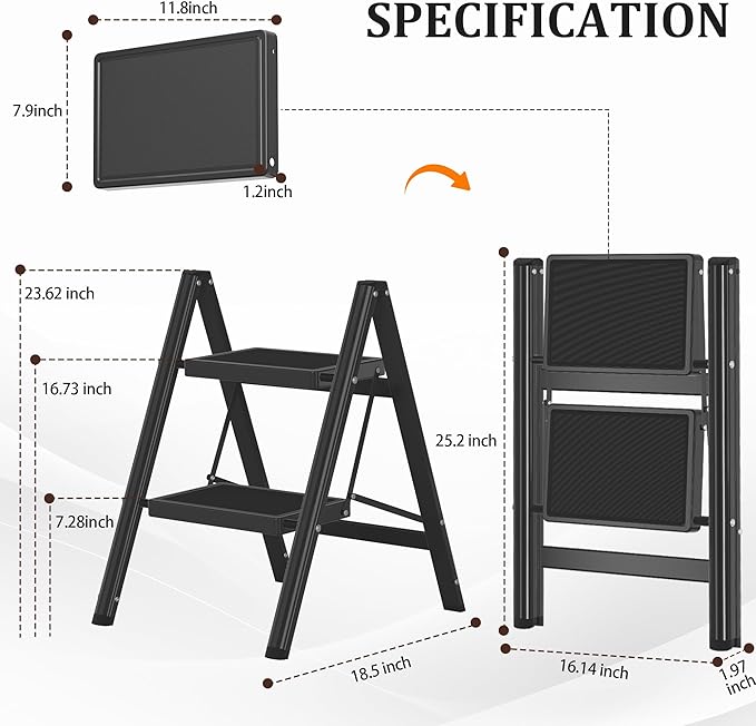 2 Step Ladder, Folding Step Stool with Anti-Slip Wide Pedal, Anti-Slip Feet, Sturdiest Steel Construction, Steel Ladder for Home and Office, Black