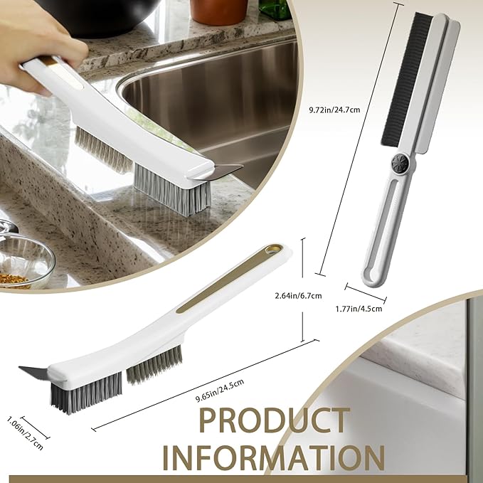 Crevice Cleaning Brushes with Rotatable Handle, Wire Nylon Scrub Brush with Stainless Steel Scraper, Grout Brush for Kitchen Stove Sink Tiles Corners Range Hood Door Window Track, 2 Pcs
