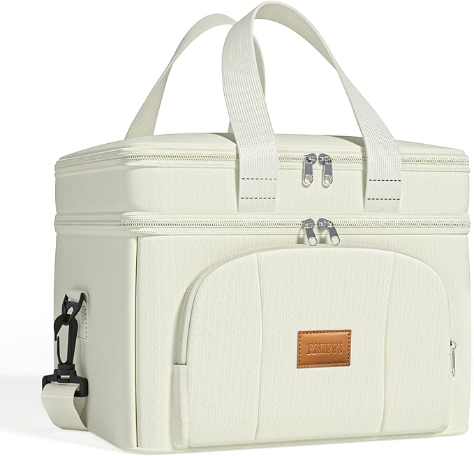 Rnivvi Lunch Box for Women, Double Decker Insulated Cooler Bag Lunch Bag Reusable Leakproof Tote Lunch Container with Strap for Work Family Picnic Hiking Camping, 18 Cans 12L, Large Adults, White