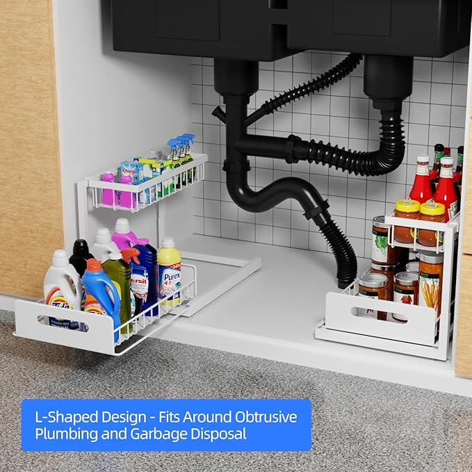 Lxmons 2-Tier Under Sink Slide Out Organizer, 2 Pack Pull Out Cabinet Storage Shelf with Sliding Wire Basket Drawer for Bathroom Kitchen, Countertop or Pantry Shelf, White