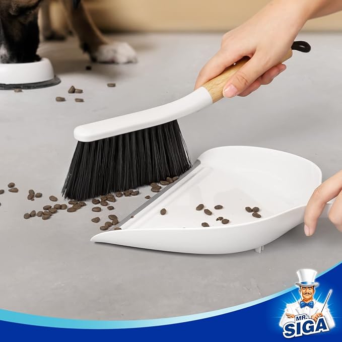 MR.SIGA Dustpan and Brush Set, Portable Cleaning Brush and Dustpan Combo with Bamboo Handle, White, 1 Set