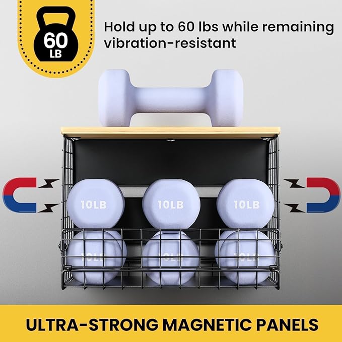 [WIDER SHELF] 1 SET Strong Magnetic Shelf Basket for Fridge with Tag & Bamboo Top, XXL Large Magnetic Spice Rack Shelves for Side of Refrigerator, Kitchen Pantry Storage Organizer for Food Fruit Veg