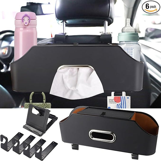 Abnaok Back Seat Car Organizer, 4 in 1 Multifunctional Car Back Seat Storage Box with Drink Cup Holder Tissue Box, for Hold Phone,Snacks, Drinks, Handbag
