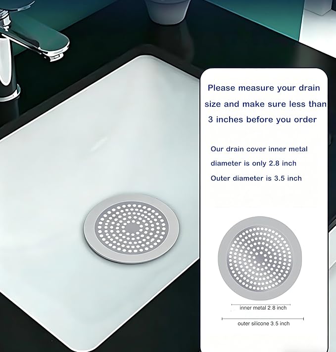 Shower Drain Hair Catcher 3.5 inch Small, Bathroom Sink Hair Stopper Sink Drain Cover Fliter Weighted Stainless and Silicone Shield (3.5 in)
