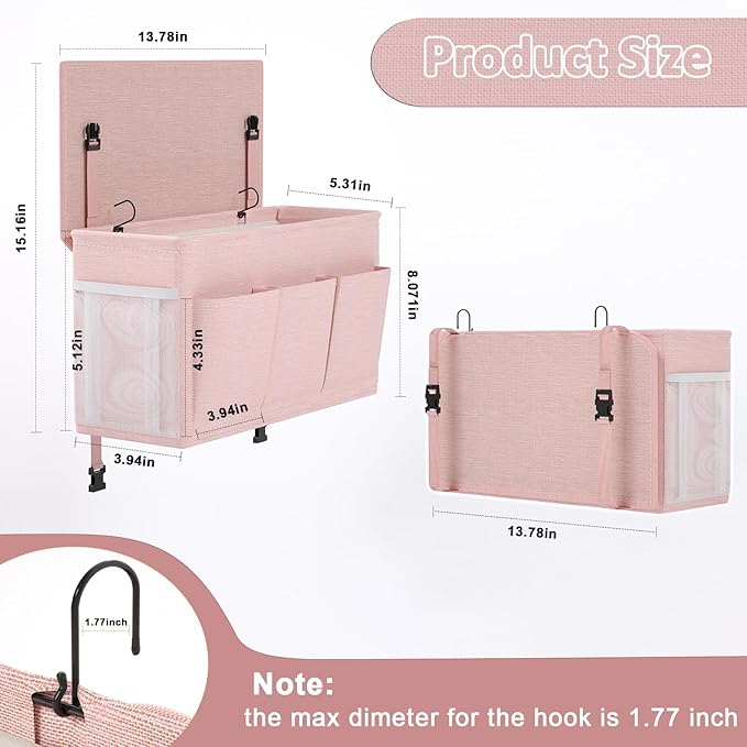 Dual-purpose Bedside Caddy Bedside Organizer, Bed Caddy with 6 Pockets, Versatile Bedside Storage Solution Magazine Remotes holder, ideal for Home, Dorm, Hospital, Crib Bed (Pink 2pcs)