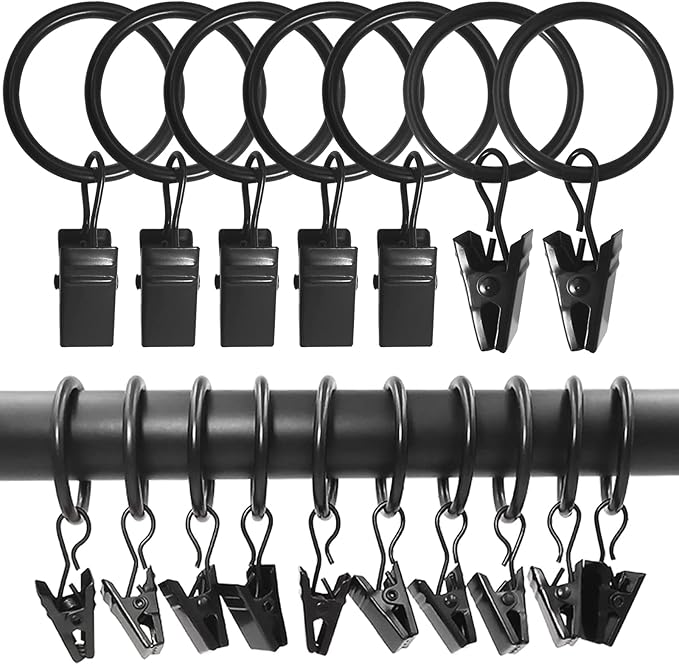 100 Pack Curtain Rings with Clips, Curtain Clip Rings Hooks, Bow Hanger Clips for Hanging Drapery Drapes Bows, Ring 1 inch Interior Diameter, Fits up to 5/8" Rod, Black