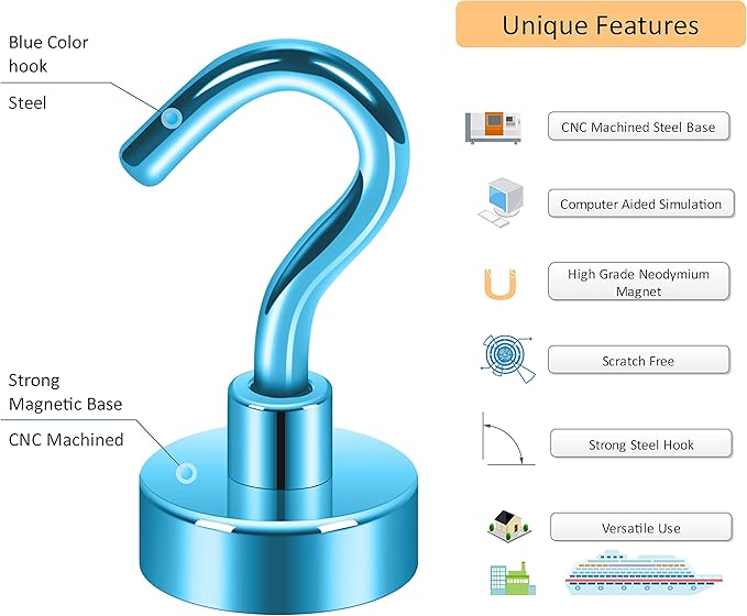 Neosmuk Magnetic Hooks, Cruise Ship Essentials, 32lb+ Heavy Duty Magnetic Hooks for Cruise Cabins, Refrigerator, Grill, Hanging, and Travel | Extra Strong Must-Haves Magnet Hook,RoyalBlue