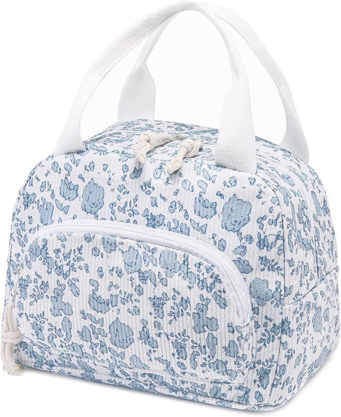 Lunch Bag Women Lunch Box for Women Adult Cute Insulated Lunch Bag Small Cooler Lunch Tote Bags for Work Picnic Travel (Blue-Floral)