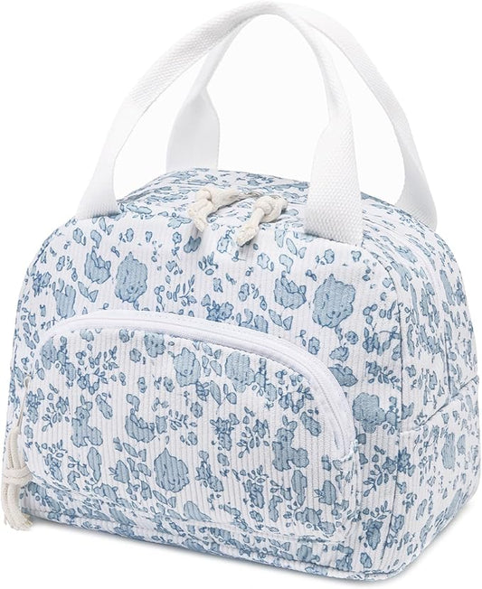Lunch Bag Women Lunch Box for Women Adult Cute Insulated Lunch Bag Small Cooler Lunch Tote Bags for Work Picnic Travel (Blue-Floral)