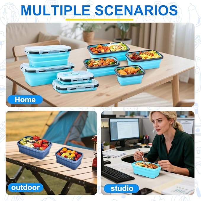 4 Set Collapsible Food Storage Containers Silicone Lunch Container with Lids Collapsible Lunch Box Food for Camper Leftovers Snacks Meals Dorm Kitchen Microwave Dishwasher and Freezer Gray