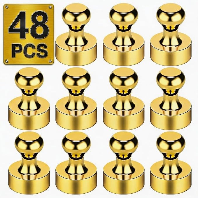 Metallic Magnets, Refrigerator Magnets, 48 Pack Gold Magnetic Push Pins, Strong Fridge Magnets, Multi-use Whiteboard Magnets Perfect for Kitchen Office Classroom