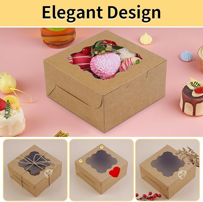 WINKIO 12 Pieces Cookie Boxes with Window, 6×6×3 Inches Treat Boxes for Bakery Dessert Pastry Mini Cake Favor Donut Baked Goods (brown, with Stickers)