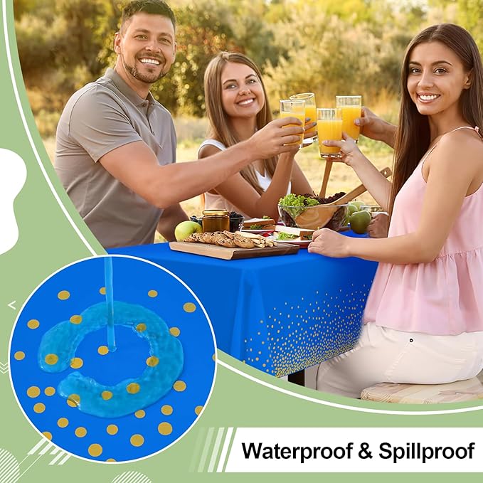 misaya 3 Packs Dot Disposable Table Cloth, 54 x 108 Inch Waterproof Plastic Tablecloth, Rectangle Gold Dots in Blue Table Covers for Picnic, Birthday, Party
