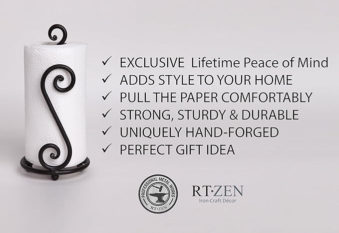 RTZEN Matte Black Paper Towel Holder Countertop - Decorative Farmhouse Paper Towel Roll Holder - Rustic Metal Modern Stand for Kitchen or Bathroom (Swirl)
