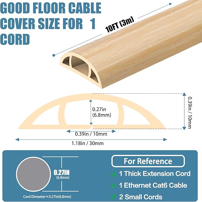 Floor Cord Covers for Wires 10FT Cable Hider Wire Cover Self Adhesive Cord Hider Floor for Offices, Homes, Workshops, Warehouses Cable Cavity 0.39" W x 0.27" H