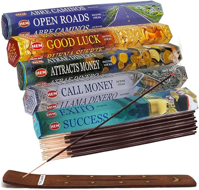 Hem Incense Sticks Variety Pack #5 and Incense Stick Holder Bundle with 5 Money and Success Themed Fragrances