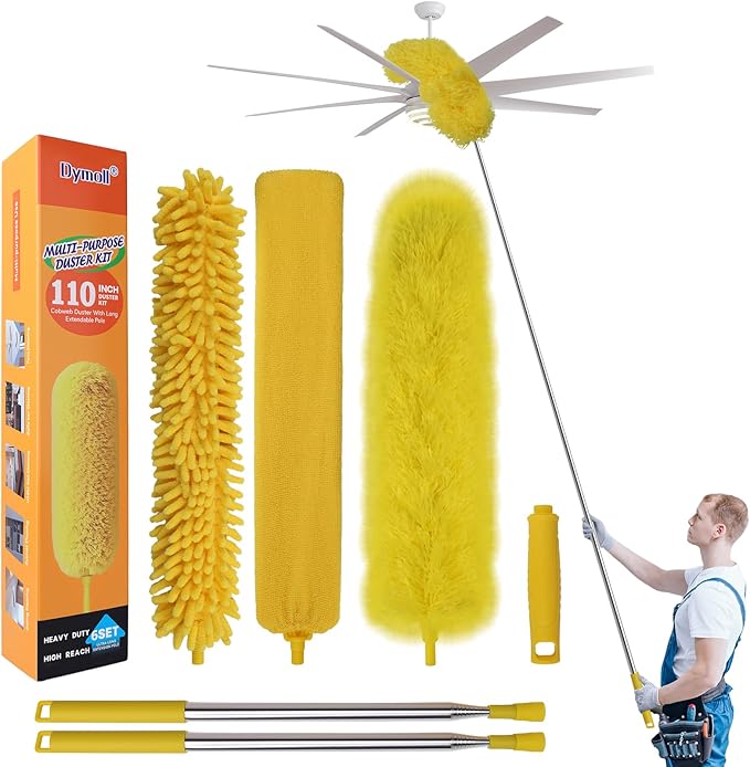 Dymoll Cobweb Duster with Extension Pole, 110" Microfiber Feather Duster Kit with Bendable Washable Heads, Spider Web Brush, Dusters for Cleaning Ceiling Fan, High Ceiling, Blinds, Furniture & Cars