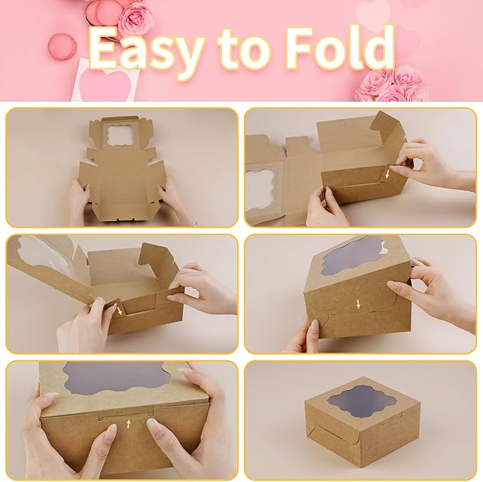 WINKIO 12 Pieces Cookie Boxes with Window, 6×6×3 Inches Treat Boxes for Bakery Dessert Pastry Mini Cake Favor Donut Baked Goods (brown, with Stickers)