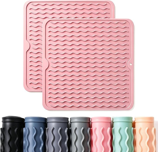 2 Pack Caketime Silicone Dish Drying Mat for Kitchen Counter Cooking Baking Liners Drawer Storage Refrigerator Espresso Machine Station Utensil Holder Washer Trivets Oven Grill Gifts 12"x12" Pink