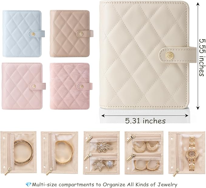 Vlando Small Jewelry Book Organizer - Leather Travel Jewelry Case with 5 Detachable Pages for Necklaces, Rings, Earrings, Tangle-Free, Giftable, Latte