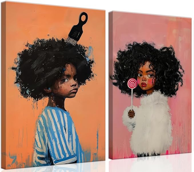 Black Kids Wall Art - Afro American Children Canvas Prints, Modern African American Portrait Paintings for Girls Bedroom, Cute Black Girl Nursery Art, Cultural Wall Decor， Framed16 x 24inches X2piece