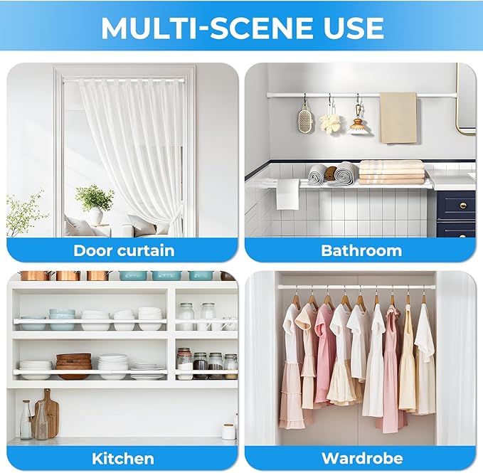 1 Pack Spring Loaded Tension Rod 17-41" Adjustable Curtain Rods No Drill Extendable Spring Rod Tension Curtain Rods For Window Kitchen Shelves Rv Refrigerator And Small Spaces,White