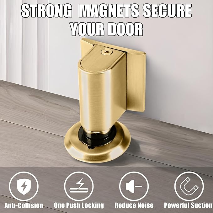 Door Wedge Stopper, New Magnetic Doors Stoppers for Bottom of Door, No Drill Invisible Doorstops for Inside Door, Heavy Duty Magnetic Doors Catch Holder, Keep Doors Open (Brushed Gold)