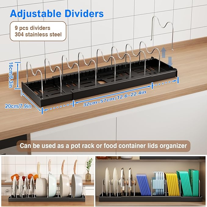 Pots and Pans Organizer Under Cabinet, 22" Expandable Food Storage Container Lid Organizers with 9 Adjustable Dividers Pot and Pan Lid Holders Rack Inside Cabinet/Countertop (1 Pack, Black)