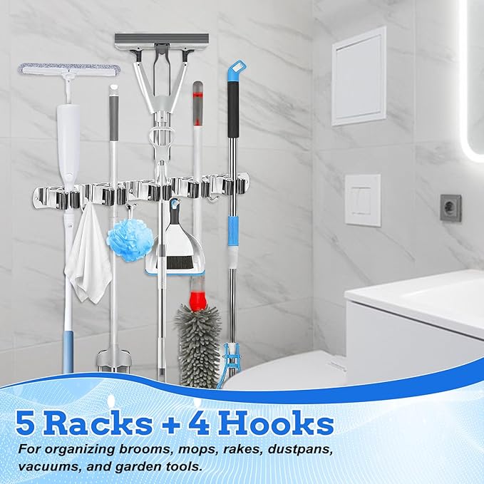 2 Pack Heavy Duty Wall Mount Broom Holder – Stainless Steel with 5 Racks & 4 Hooks Broom Organizer– Self-Adhesive or Screw Mount Mop Holder for Garage, Laundry, Kitchen – Silver