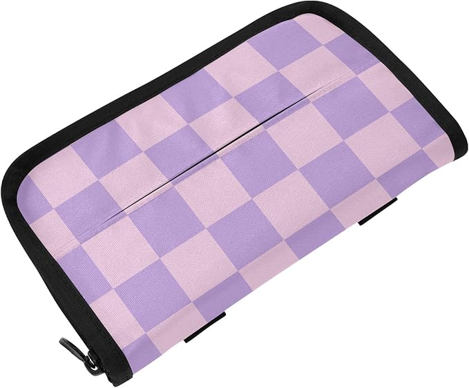 Car Tissue Holder Car Napkin Holder Car Tissue Box Dispenser Storage Case Sun Visor Mask Holder with Adjustable Straps Reusable Refillable Checkered Purple