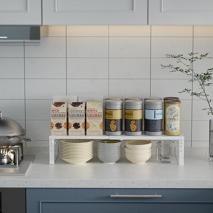 Expandable Spice Rack Kitchen Cabinet Shelf Organizer, Stackable Storage Shelves Racks, Adjustable Counter Shelving for Cabinets, Countertop, Cupboard, Pantry and More (3 Packs/White/Medium)