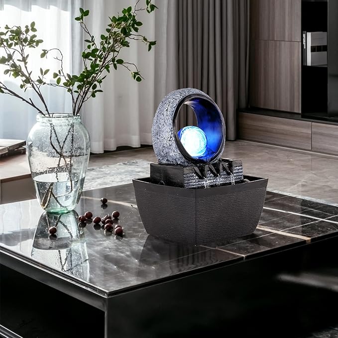 WICHEMI Indoor Fountain Tabletop Fountain Mini Waterfall Fountains Relaxation Water Feature Feng Shui Zen Meditation Desktop Fountain with Rolling Ball for Home Office Indoor Spaces Decor (Style 2)
