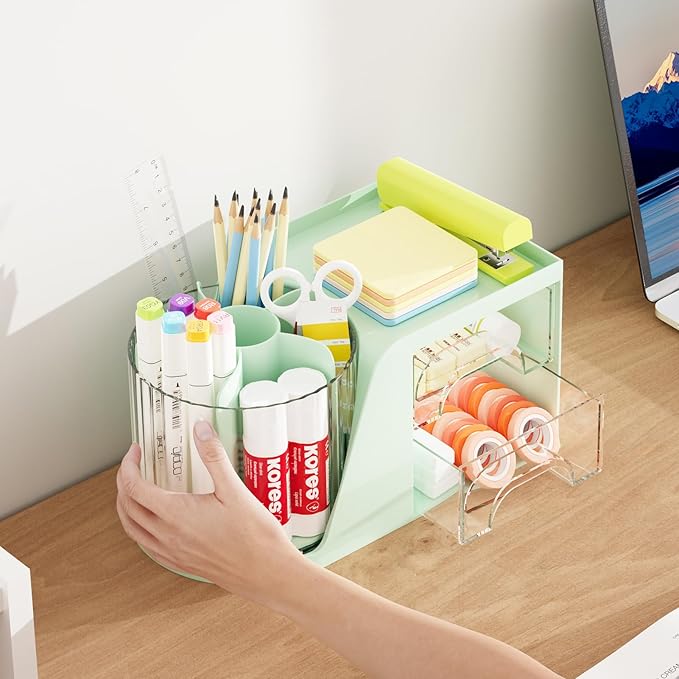 Marbrasse Desk Organizer with 2 Drawers, 360° Rotating Pen Holder, Desk Organizers and Accessories with 6 Slot Pencil Holder + 2 Drawers, Art Supply Storage Box Caddy for Office (Green)