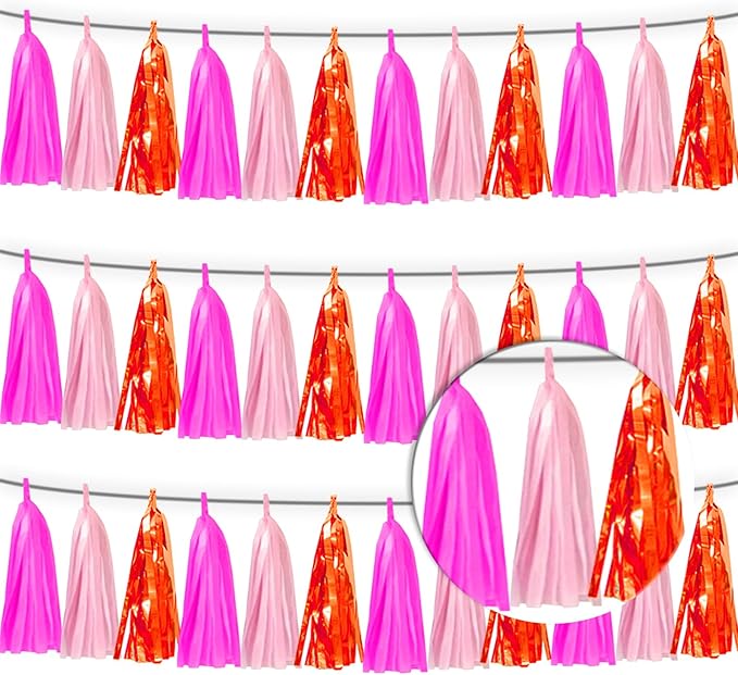 3P Hot Pink Orange LightPink Metallic Fringe Banner Garland Foil Tinsel Streamer Backdrop Banners for Parties, Wall Hanging Curtain Parade Floats, Graduation Decorations, Wedding Party Decoration