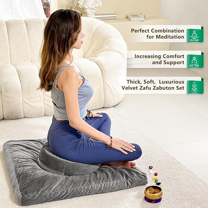 Hihealer Meditation Cushion, Traditional Tibetan Meditation Pillow Velvet Cover - Large Floor Cushion Seating for Adults - Yoga Buckwheat Bolster for Women、Moms