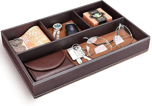 GORESE Faux Leather Valet Tray for Men, Stackable Jewelry Organizer for Drawers Inserts, Nightstand Caddy Tray for Key, Wallet, Sunglass, Watch, Coin, Phone, Bedside Desktop Storage Brown