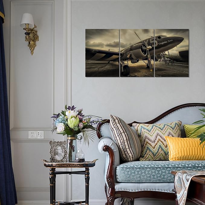 KAWAHONE -3 Pieces Vintage Airplane Wall Art Old Airplane Canvas Wall Art for Office Bedroom Living Room Home Ready to Hang (Aircraft)