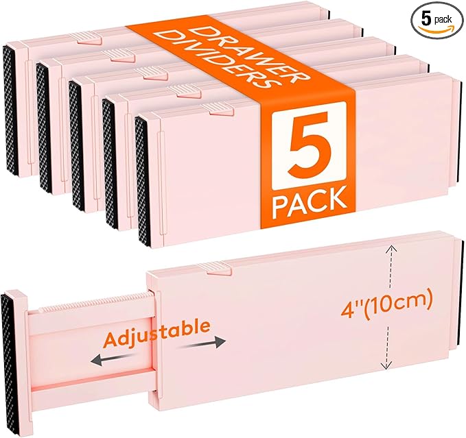 Lifewit 5 Pack Drawer Dividers 4" High, 11-17" Adjustable Dresser Drawer Organizers for Clothes, Expandable Dresser Separators in Bedroom/Bathroom/Kitchen/Vanity/Office Organization and Storage, Pink