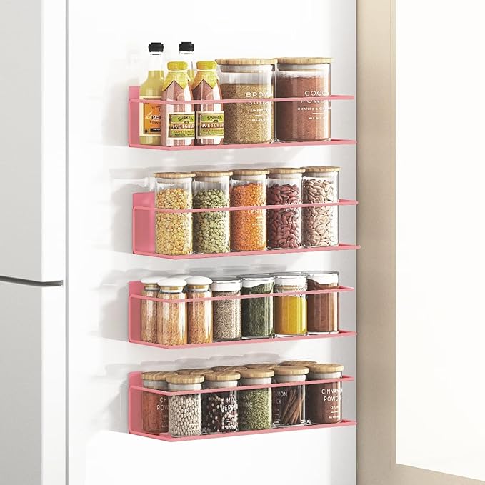 Magnetic Spice Rack For Refrigerator Magnetic Fridge Shelf For Kitchen Spice Organizer Magnetic Shelf For Fridge Space Saving Pink 4 Pack