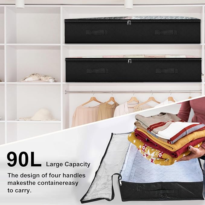 BiCINE 90L Under Bed Storage Containers, 4 Pack Foldable Closet Organizers and Storage Bins with Lid Clothes Underbed Storage Bags for Wrapping Paper, Blanket, Comforter, Towels, Sweaters, Pillows