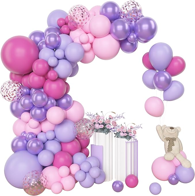 Amandir 175Pcs Pink and Purple Balloon Garland Arch Kit Butterfly Baby Shower Decorations for Girl, Lavender Purple Dusty Pink Balloon for Women Birthday Bridal Shower Wedding Party Supplies