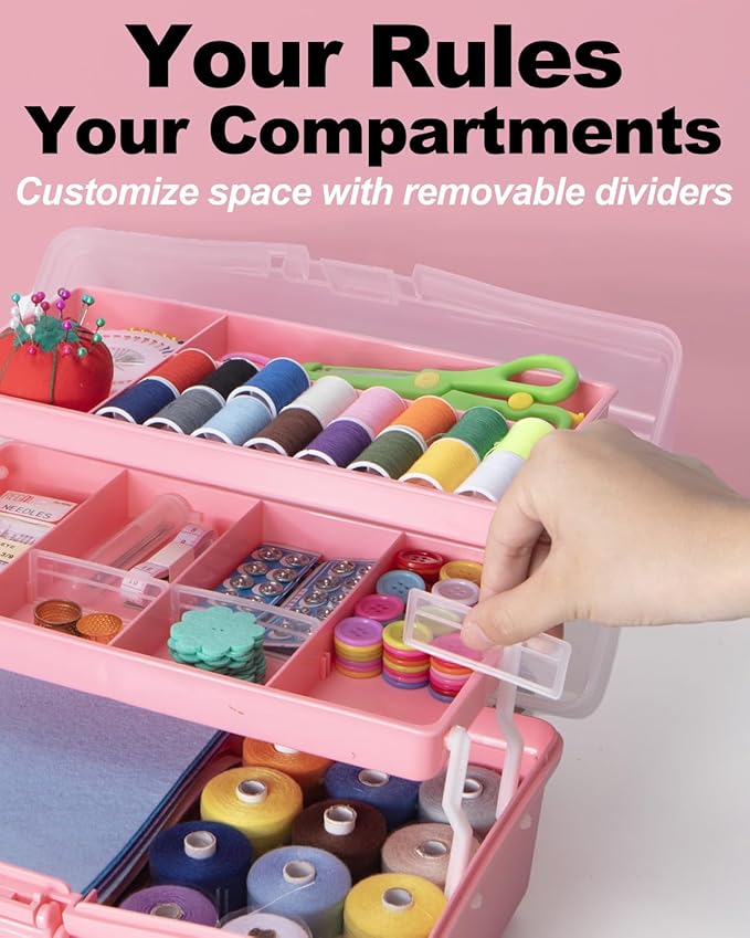 12in 3-Layer Plastic Craft Organizers and Storage, Portable Folding Tackle Box with Handle & Adjustable Dividers, Multipurpose Case for Sewing, Art Supplies, Medicine, Tools (Pink)