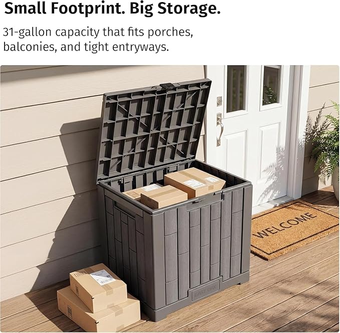 EAST OAK Outdoor Storage Box, 31 Gallon 2 Pack Deck Box Indoor and Outdoor Use, Waterproof Resin Storage Bin for Package Delivery, Patio Cushions, Gardening Tools, Lockable, UV Resistant, Grey